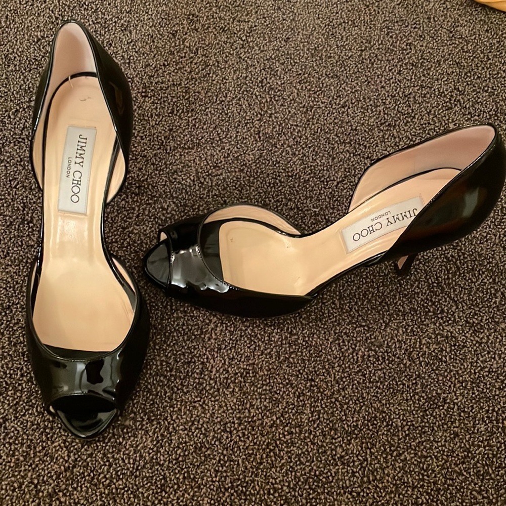 Jimmy Choo Black patent leather peep toe pumps